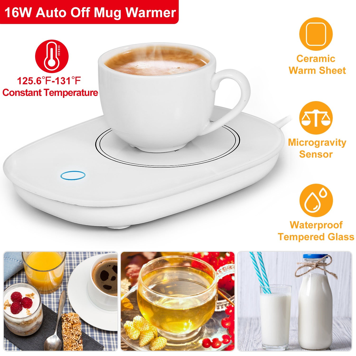 White electric mug warmer with a glass top and ceramic heating element, featuring auto-shutoff and gravity sensor.