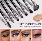 BEILI makeup brush set with black wooden handles, silver ferrules, and soft bristles, plus eye makeup examples.