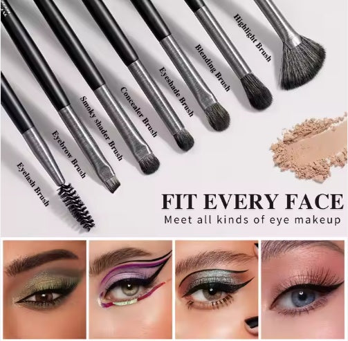BEILI makeup brush set with black wooden handles, silver ferrules, and soft bristles, plus eye makeup examples.