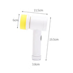 White handheld electric cleaning brush with a yellow foam head, showing dimensions (11.5cm x 19.5cm x 6cm x 3.8cm).