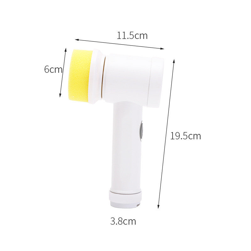 White handheld electric cleaning brush with a yellow foam head, showing dimensions (11.5cm x 19.5cm x 6cm x 3.8cm).