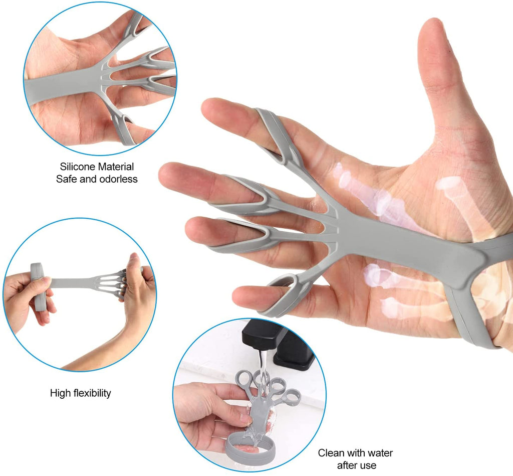 Gray silicone finger stretcher on a hand, highlighting flexibility and easy cleaning for hand and grip rehabilitation.