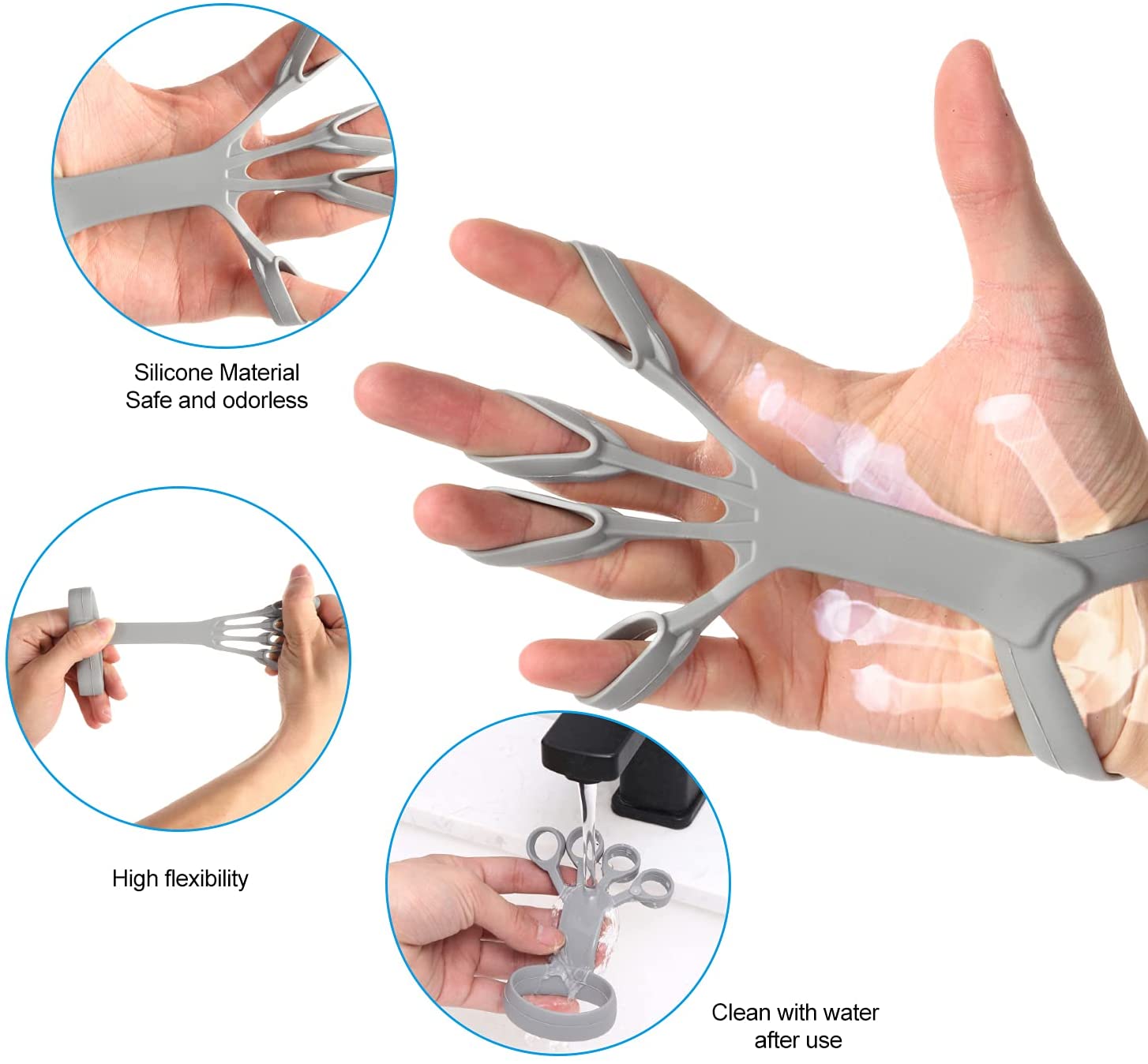 Gray silicone finger stretcher on a hand, highlighting flexibility and easy cleaning for hand and grip rehabilitation.