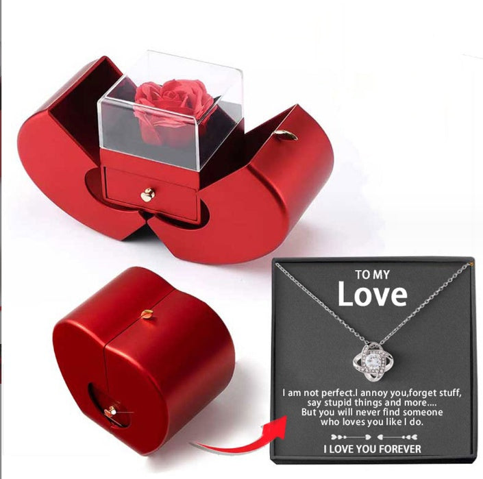 Red apple-shaped gift box containing an eternal rose and a heart-shaped drawer, plus a "To My Love" necklace set.