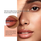 Model showing natural, plumped lips with a glossy finish. Includes text about moisturizing mineral oil lip ingredients.
