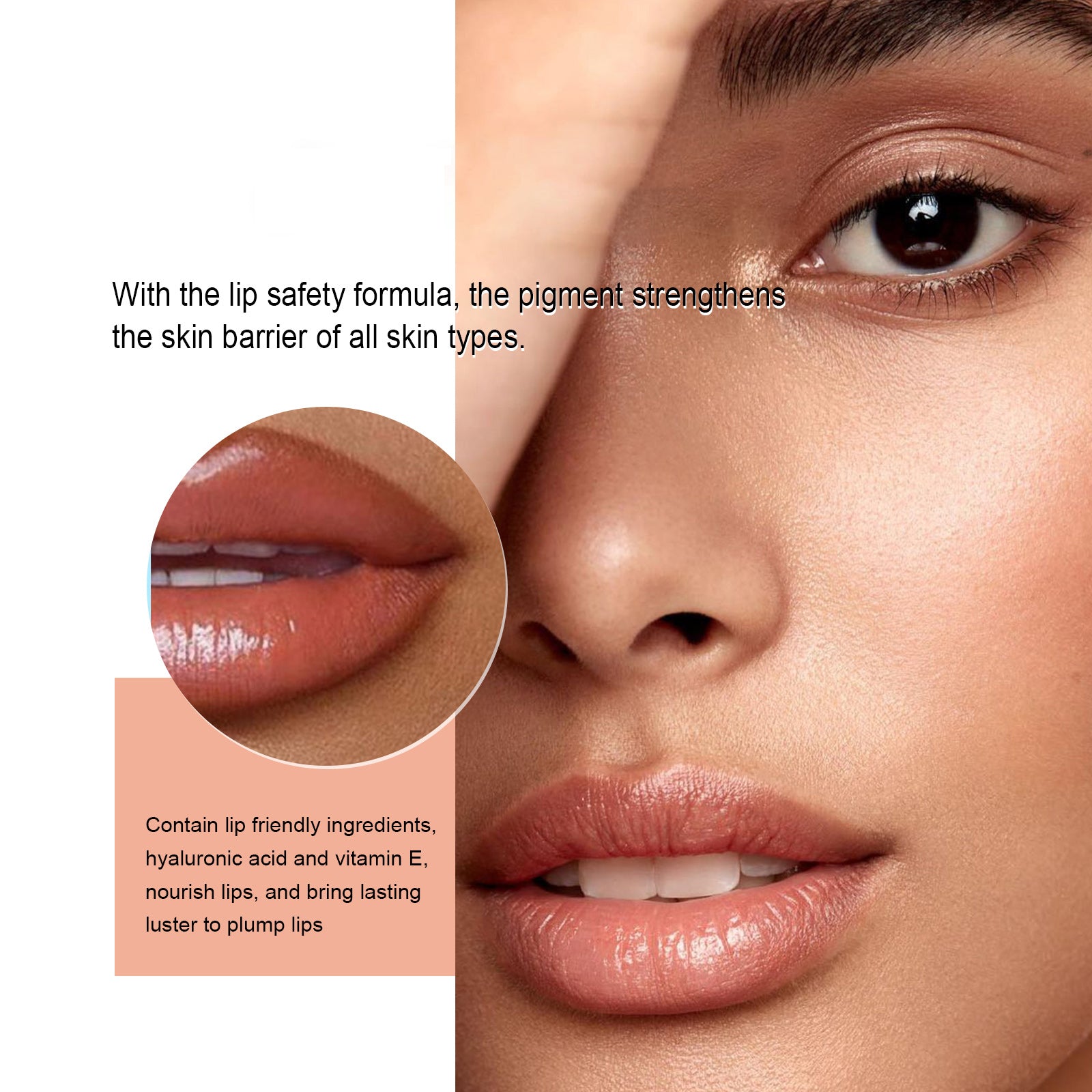 Model showing natural, plumped lips with a glossy finish. Includes text about moisturizing mineral oil lip ingredients.