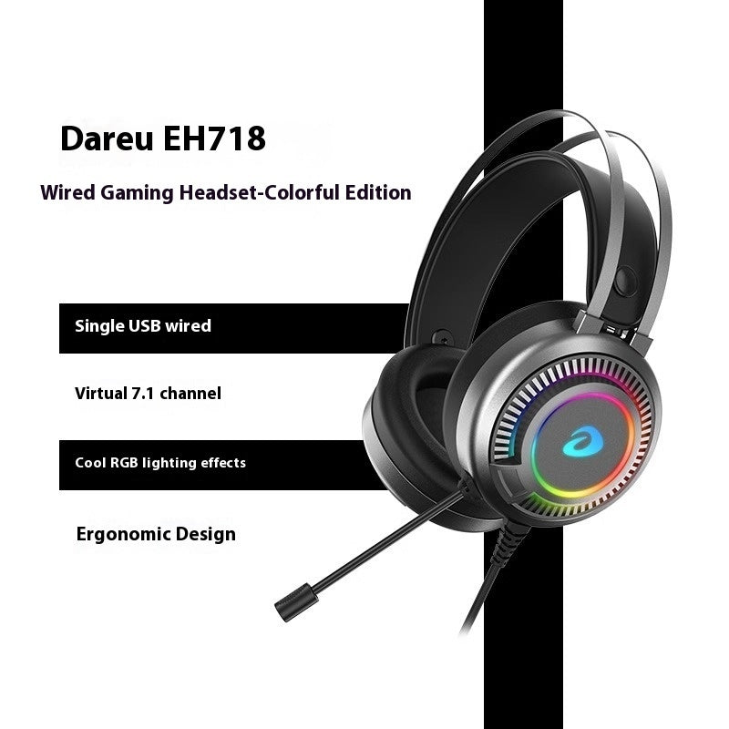 Black Dareu EH718 wired gaming headset with RGB lighting, 7.1 surround sound, and a boom microphone.