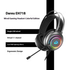Black Dareu EH718 wired gaming headset with RGB lighting, 7.1 surround sound, and a boom microphone.