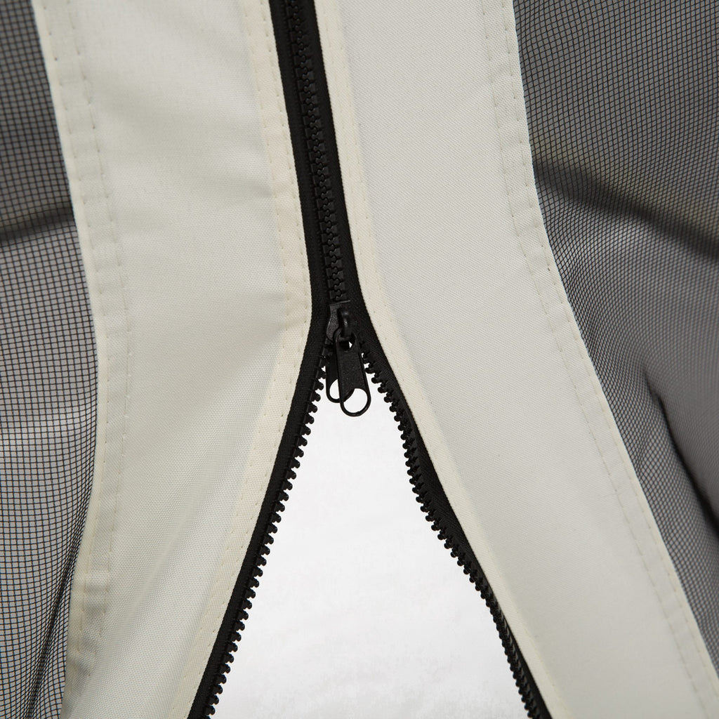 Close-up of black polyester gazebo mosquito netting featuring a sturdy center zipper and beige fabric trim.