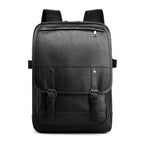 Black retro-style leather backpack with buckled straps, top zipper, and padded shoulder straps on a white background.