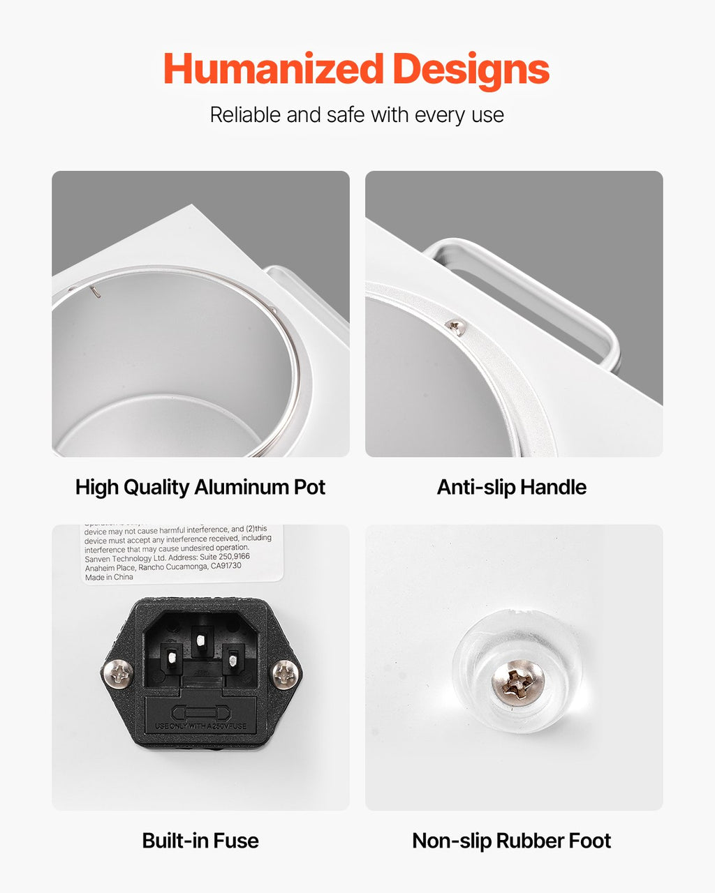 Wax warmer features: aluminum pot, anti-slip handle, built-in fuse, and non-slip rubber feet.