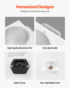 Wax warmer features: aluminum pot, anti-slip handle, built-in fuse, and non-slip rubber feet.
