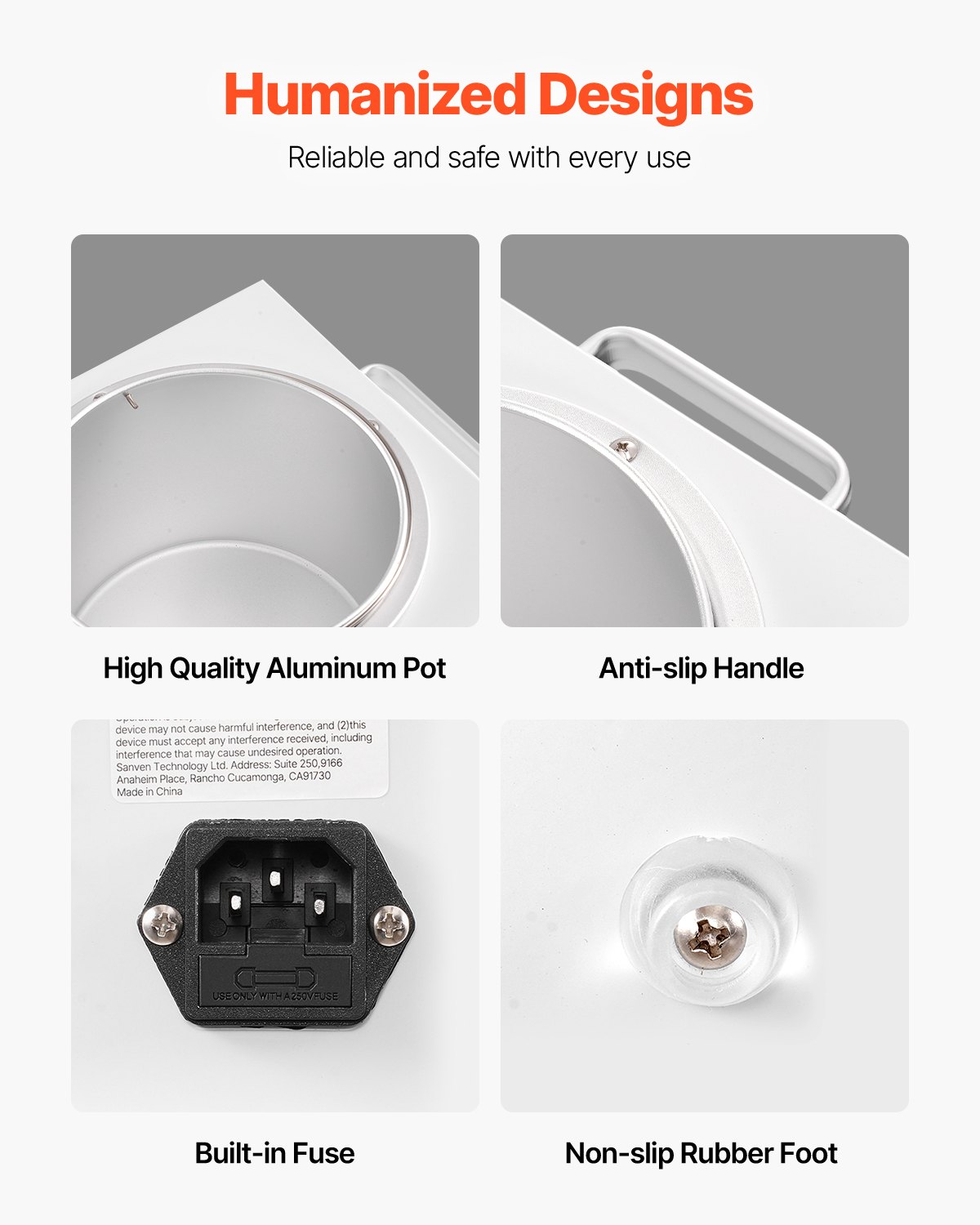 Wax warmer features: aluminum pot, anti-slip handle, built-in fuse, and non-slip rubber feet.