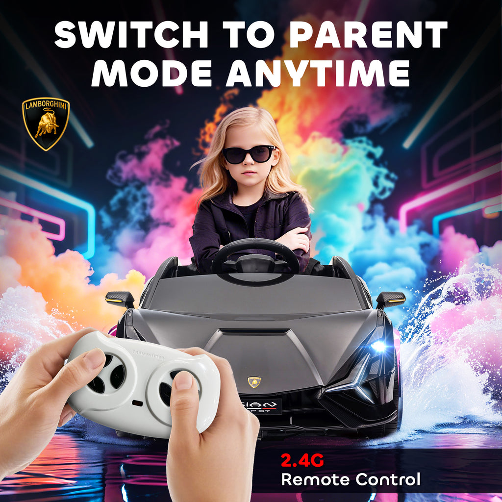 Child in a black Lamborghini Sian electric toy car, controlled by a hand holding a white 2.4G remote. Colorful background.