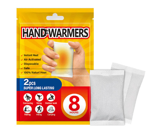 Yellow package of two disposable, air-activated hand warmers with 8-hour heat duration and icons for outdoor use.