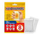Yellow package of two disposable, air-activated hand warmers with 8-hour heat duration and icons for outdoor use.