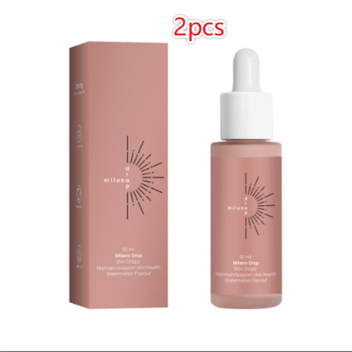 Two Milano Drop tanning serum bottles and boxes in dusty rose, featuring a sun logo and white dropper caps.