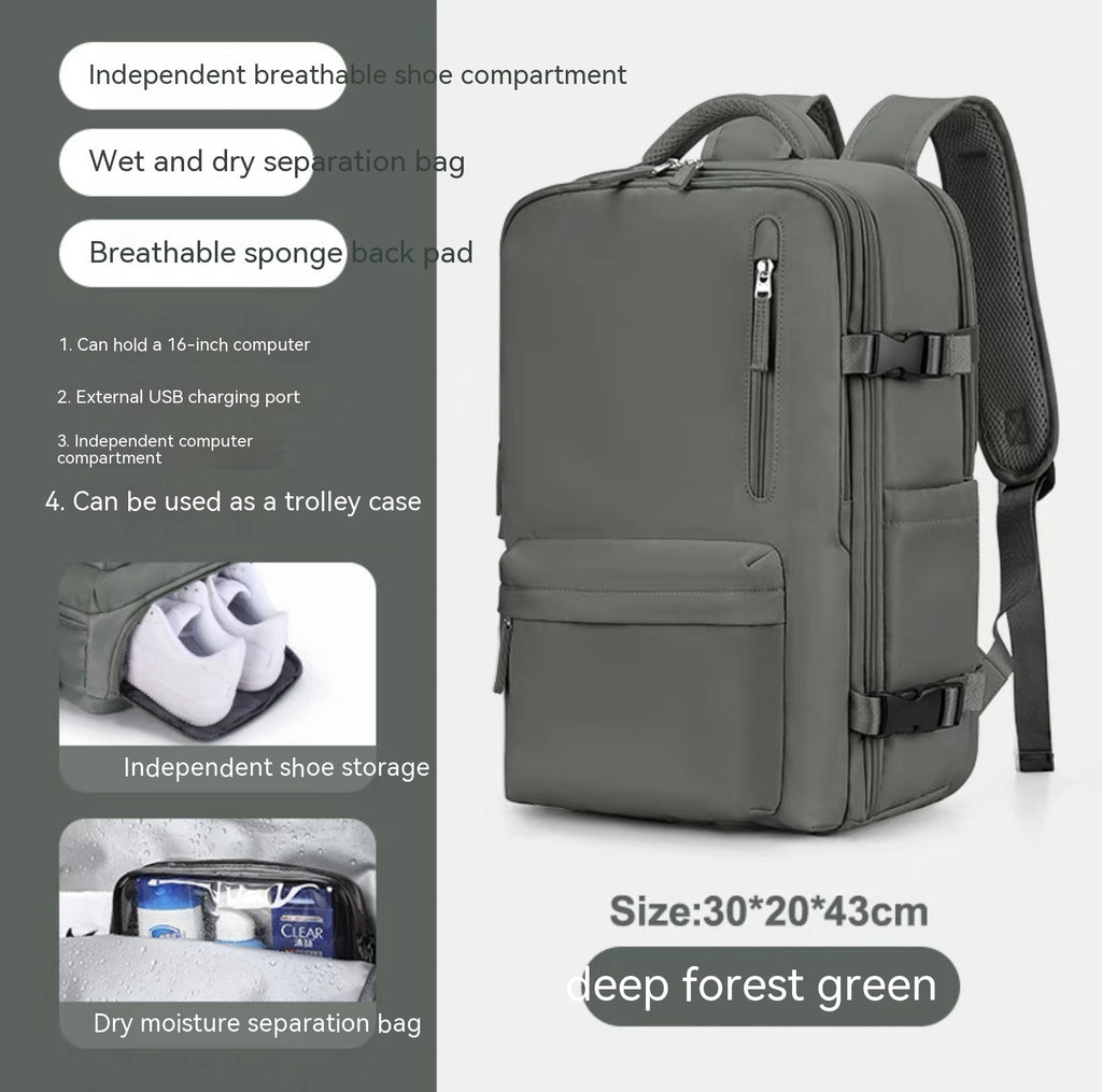 Deep forest green waterproof travel backpack with shoe compartment, laptop sleeve, and USB port.