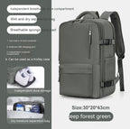 Deep forest green waterproof travel backpack with shoe compartment, laptop sleeve, and USB port.