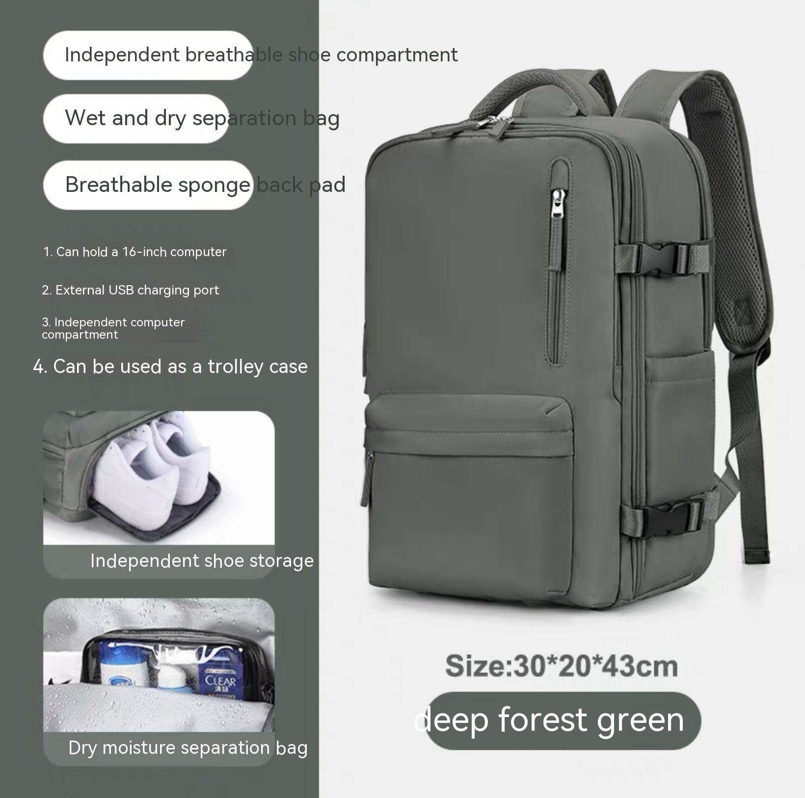Deep forest green waterproof travel backpack with shoe compartment, laptop sleeve, and USB port.