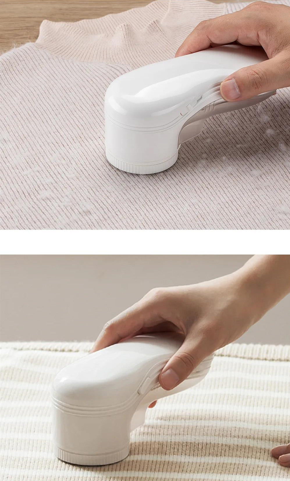 A hand holds a compact, white plastic lint remover machine, gliding it over light-colored, knit fabric sweaters.