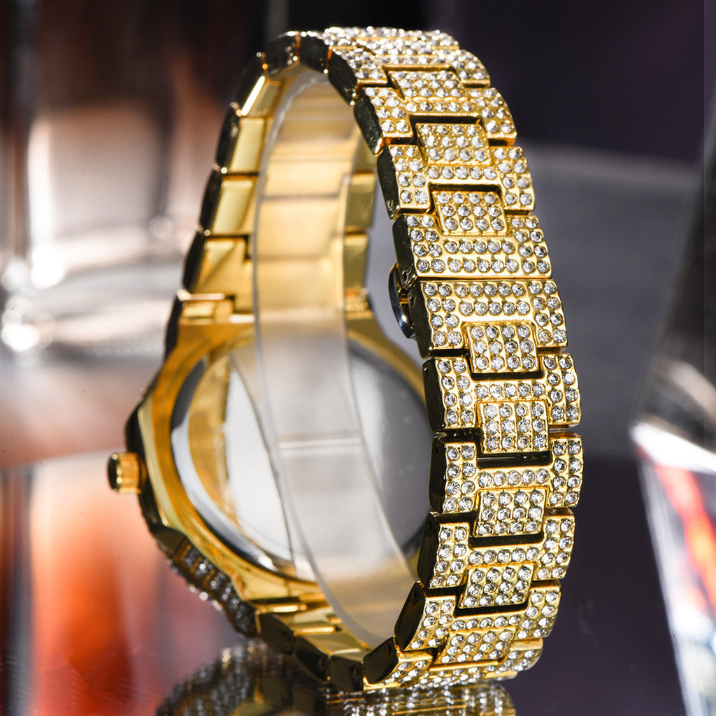 Gold-tone men's hip-hop quartz watch fully encrusted with shimmering crystals on the band and case.
