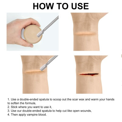 Instructional graphic for SFX scar wax makeup showing a hand, spatula, and steps to create a fake wound.
