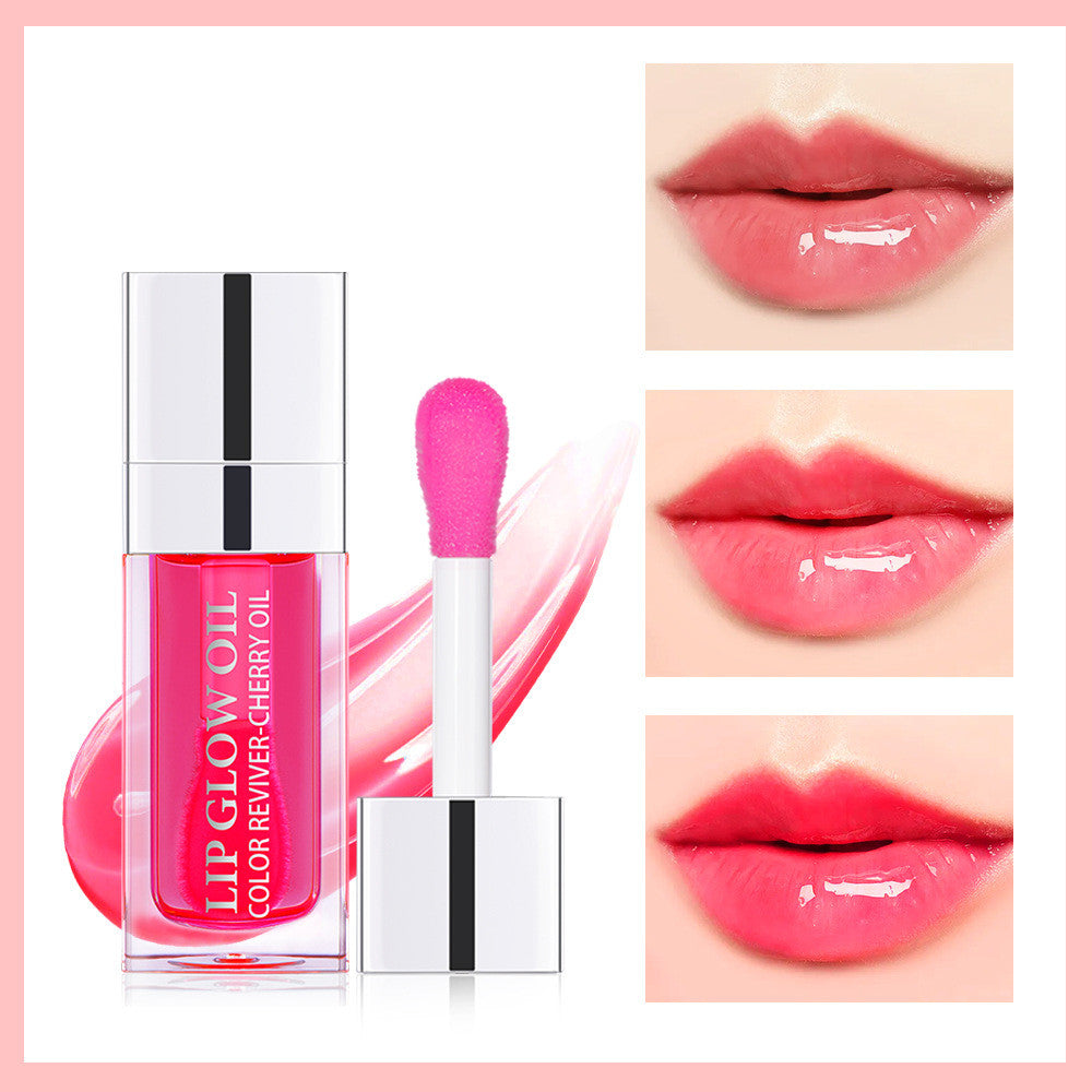 Clear bottle of pink Lip Glow Oil with doe-foot applicator, shown next to three sets of glossy, tinted pink lips.