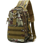 Digitaldistribution375 camo tactical sling backpack with multiple compartments, Molle webbing, and padded strap.