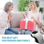 A white and black electric knee massager with a digital display screen shown in the foreground of a gifting scene.