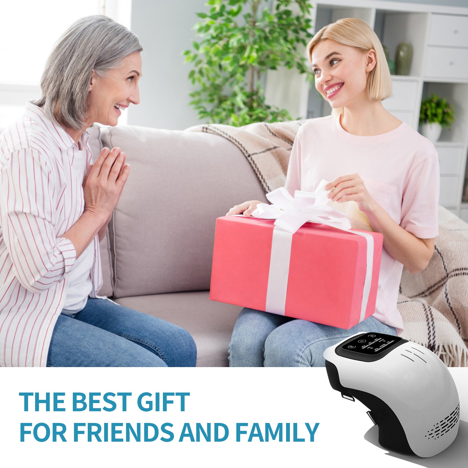 A white and black electric knee massager with a digital display screen shown in the foreground of a gifting scene.
