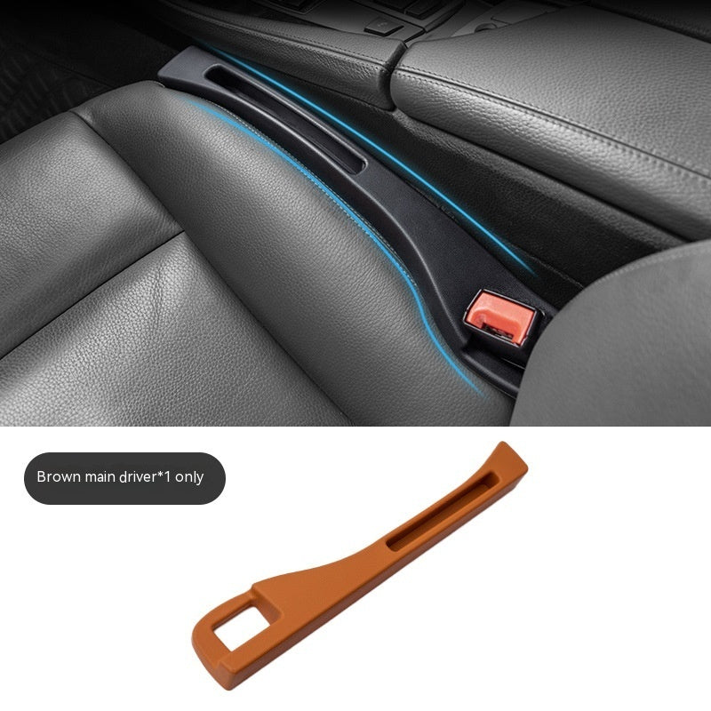 Brown plastic car seat gap organizer for the driver's side. Fits between the seat and console to hold small items.