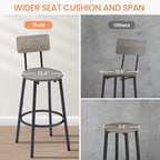Comparison chart showing a grey bar stool with a wider seat cushion versus standard stools, featuring black metal legs.