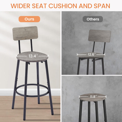Comparison chart showing a grey bar stool with a wider seat cushion versus standard stools, featuring black metal legs.