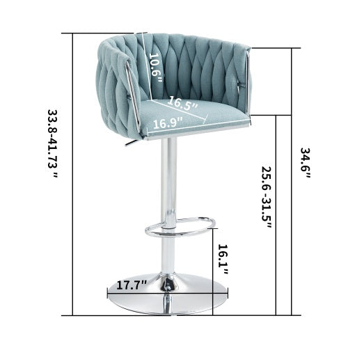 Adjustable blue woven fabric swivel bar stool with chrome base, footrest, and dimension labels.