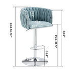 Adjustable blue woven fabric swivel bar stool with chrome base, footrest, and dimension labels.