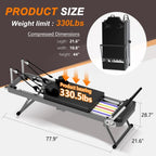 Black foldable Pilates reformer bed showing dimensions, 330lb weight limit, and compact upright storage view.