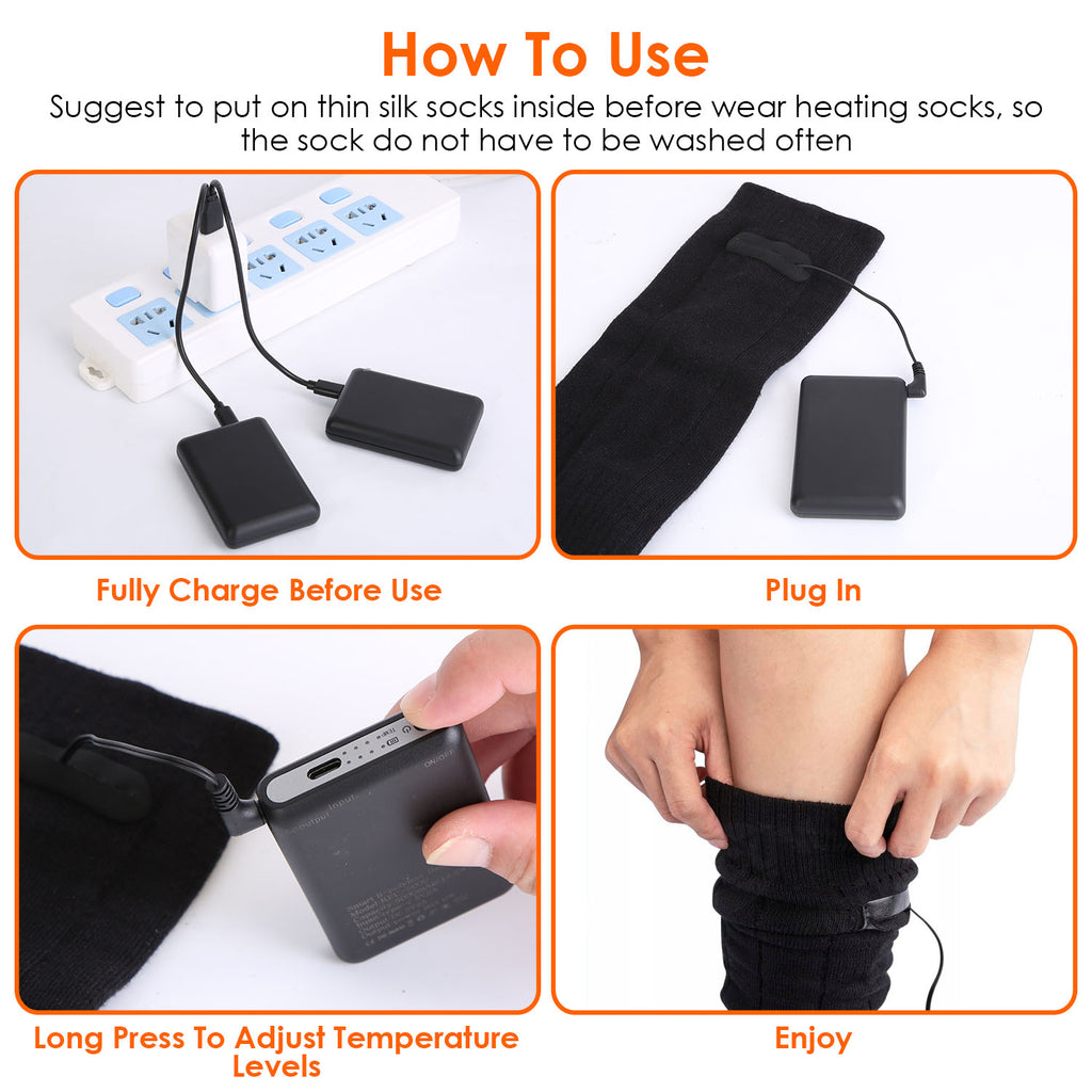 Four-panel image showing how to charge, connect, and use black electric heated socks with rechargeable battery packs.
