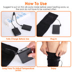 Four-panel image showing how to charge, connect, and use black electric heated socks with rechargeable battery packs.