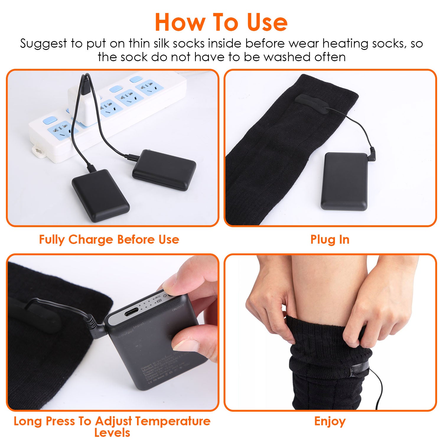Four-panel image showing how to charge, connect, and use black electric heated socks with rechargeable battery packs.