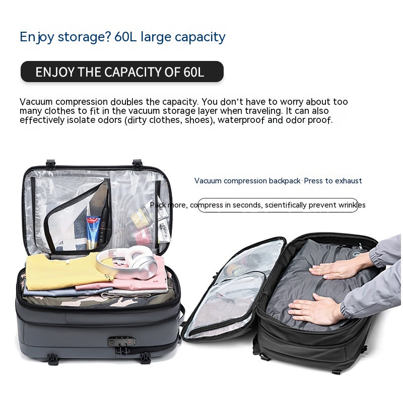 Grey, minimalist 60L travel backpack featuring a vacuum-compression storage layer and internal mesh organizational pockets.