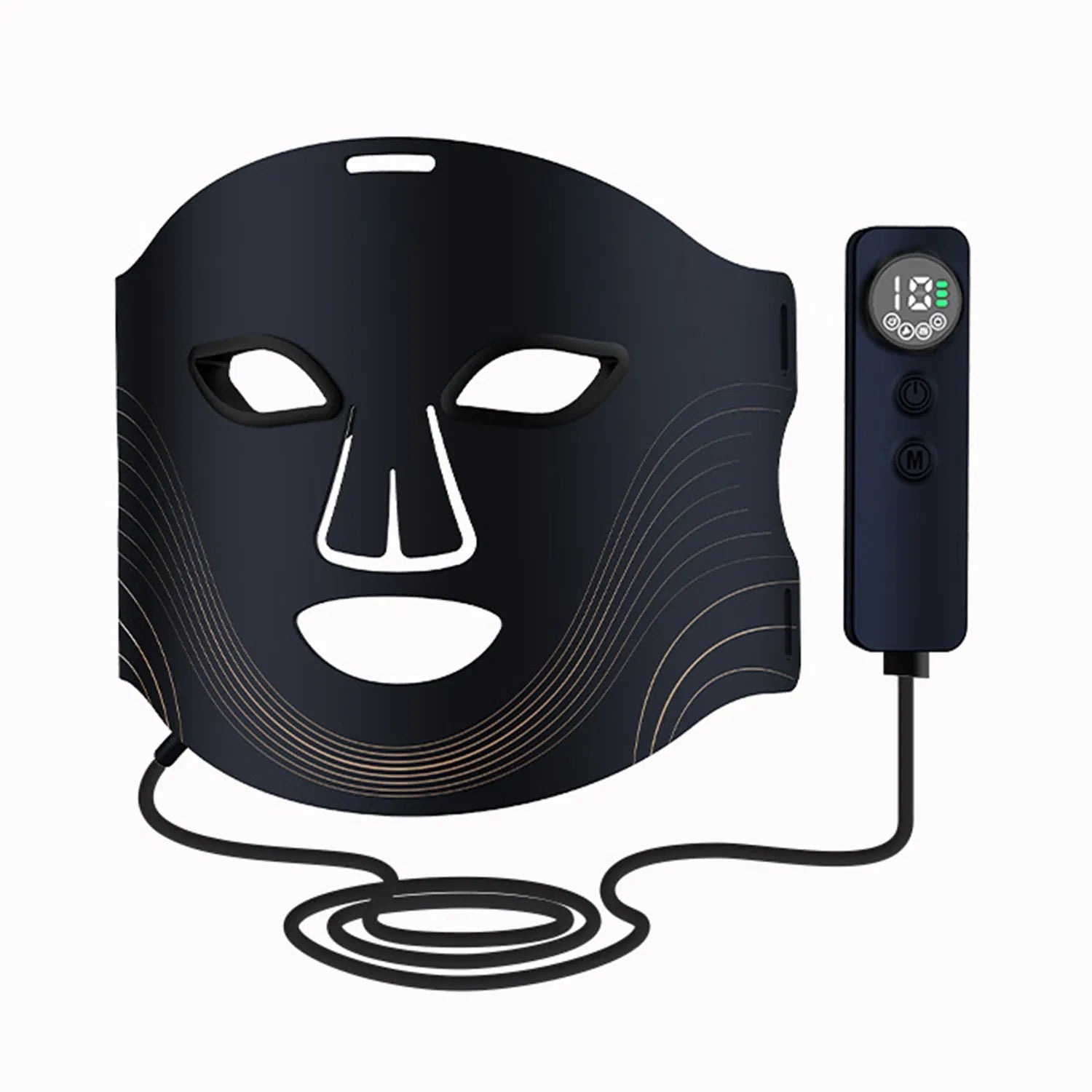 Black 7-color cordless LED face mask with gold line accents, a wired digital remote control, and eye/mouth openings.
