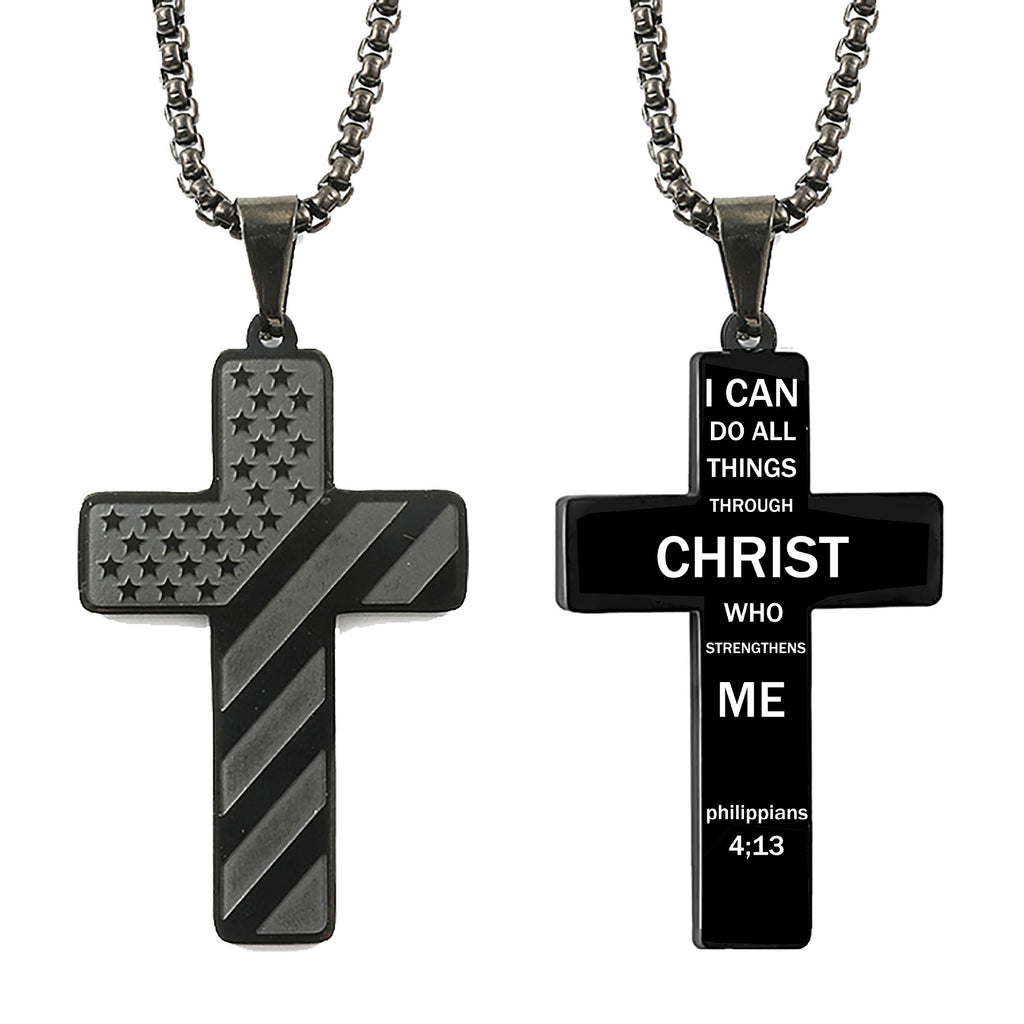Black titanium steel cross necklace featuring an American flag design on one side and Bible verse text on the other.