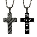 Black titanium steel cross necklace featuring an American flag design on one side and Bible verse text on the other.
