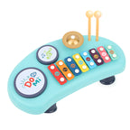 Blue plastic music toy for kids featuring a xylophone, two drums, a small cymbal, and two wooden mallets.