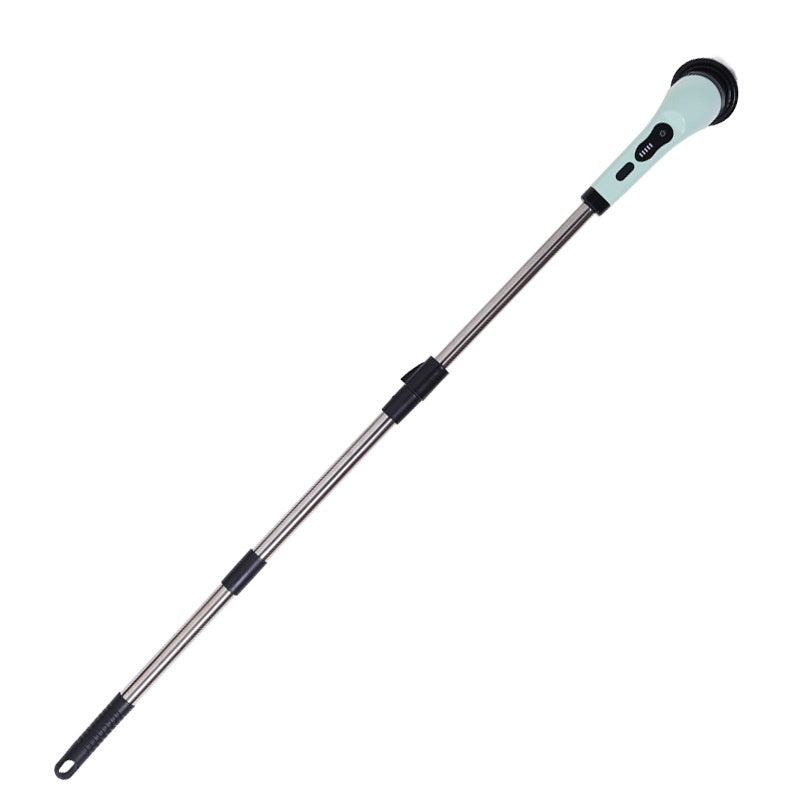 A mint green and metallic electric scrubbing brush with a retractable pole, power buttons, and a round brush head.