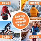 Four panels showing people hiking, camping, cycling, and jogging in snowy landscapes with text: Embrace warmth everywhere.