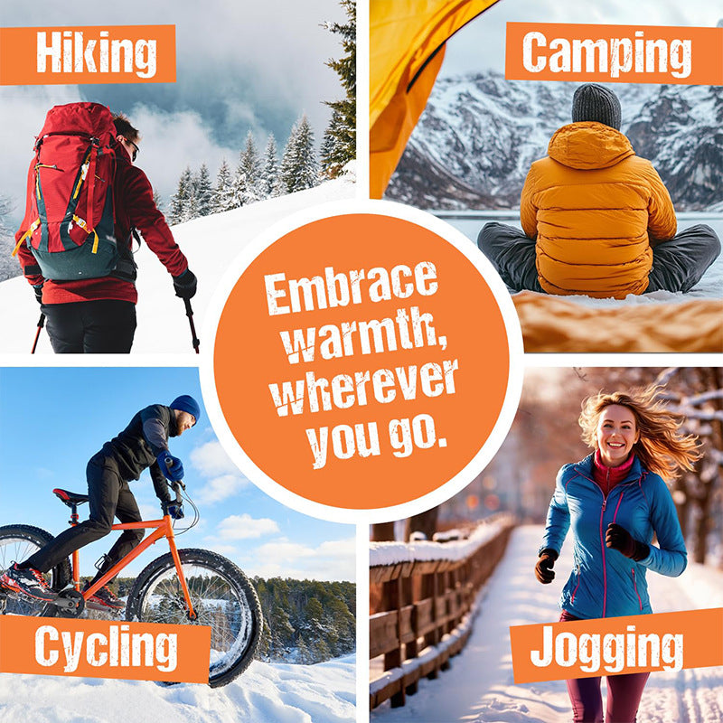 Four panels showing people hiking, camping, cycling, and jogging in snowy landscapes with text: Embrace warmth everywhere.