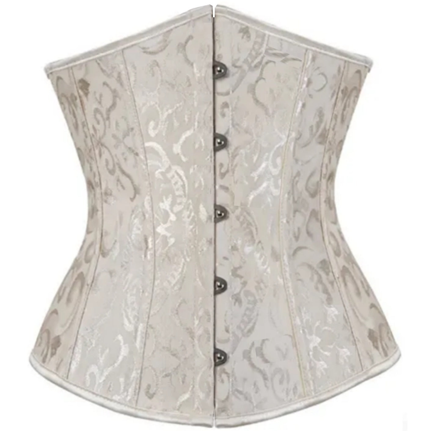 Ivory jacquard corset with an ornate floral pattern and a front metal hook-and-eye closure.