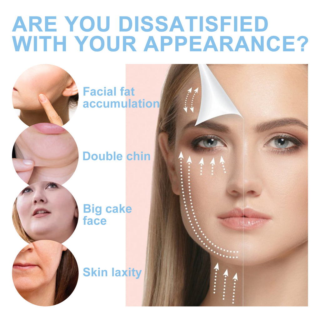 V-face lifting mask ad showing skin issues like double chin vs. a lifted, contoured face with directional lift arrows.